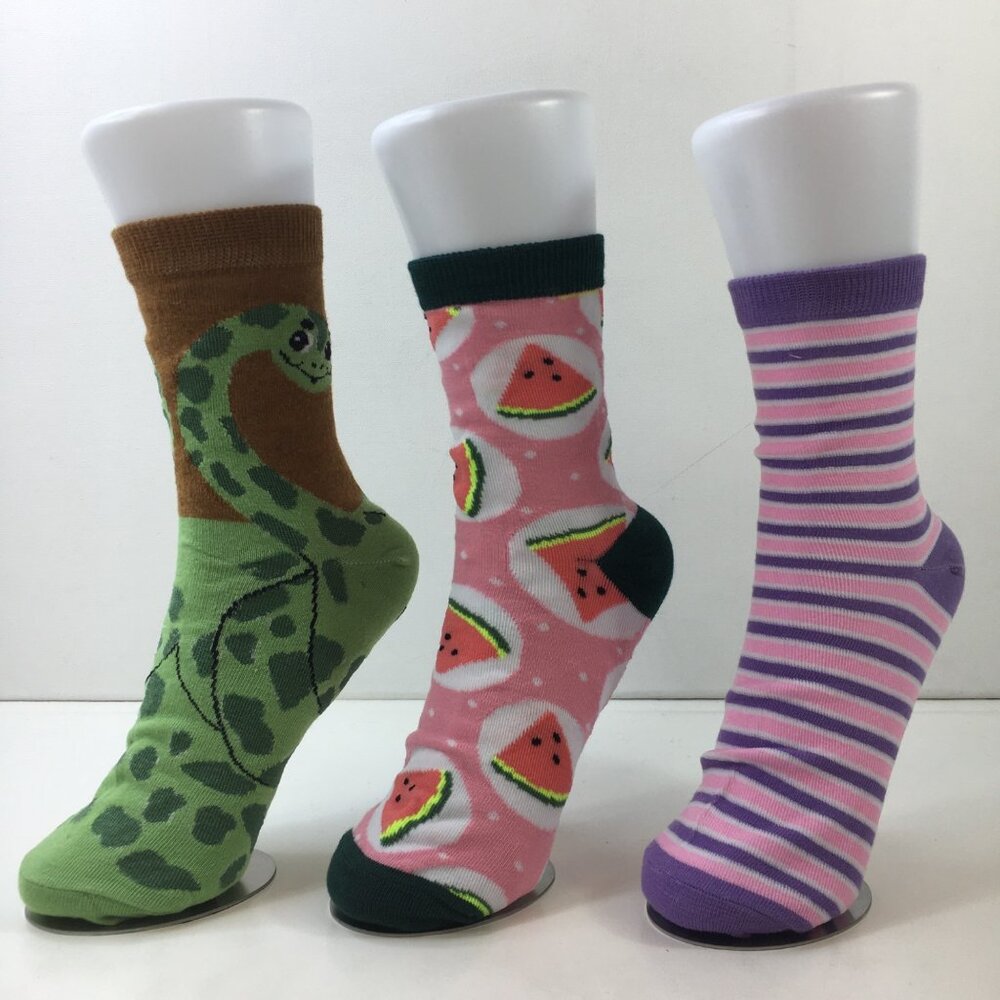 Womens Crew Socks Set 3 Snake Strawberry Print Stripes Green Pink Purple White